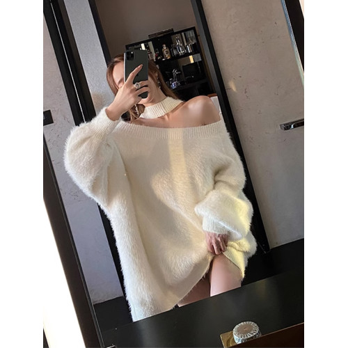聖誕穿搭一字肩毛衣女秋冬高級感慵懶風性感露肩水貂絨白色毛衣女