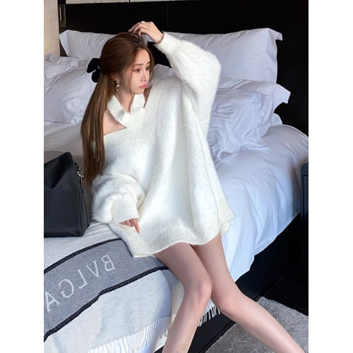 聖誕穿搭一字肩毛衣女秋冬高級感慵懶風性感露肩水貂絨白色毛衣女