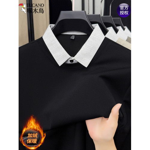 啄木鳥假兩件翻領毛衣男士冬季新款中年加絨加厚保暖POLO打底衫潮