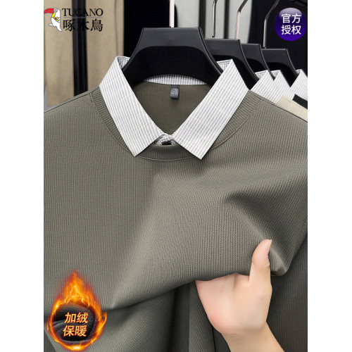啄木鳥假兩件翻領毛衣男士冬季新款中年加絨加厚保暖POLO打底衫潮