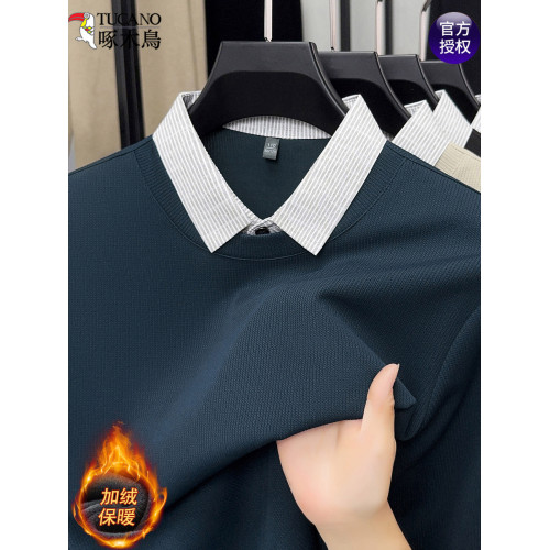 啄木鳥假兩件翻領毛衣男士冬季新款中年加絨加厚保暖POLO打底衫潮