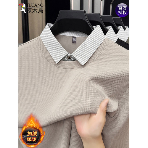 啄木鳥假兩件翻領毛衣男士冬季新款中年加絨加厚保暖POLO打底衫潮