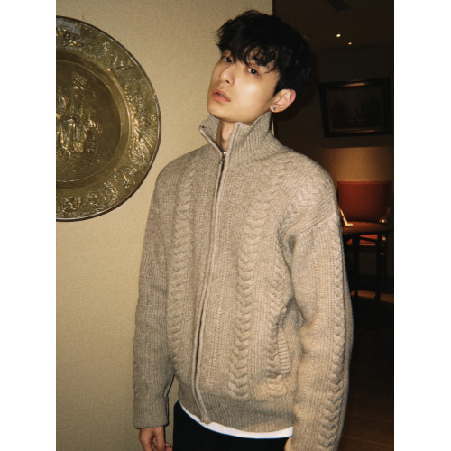 美式復古麥穗絞花拉鍊立領毛衣男冬季保暖休閒百搭花型肌理針織衫