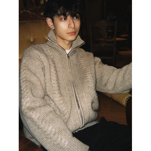 美式復古麥穗絞花拉鍊立領毛衣男冬季保暖休閒百搭花型肌理針織衫