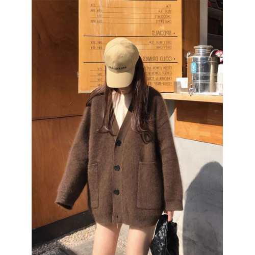 松弛感針織開衫加厚毛衣女秋冬慵懶風寬松灰色水貂絨軟糯外套上衣