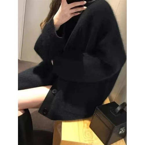 松弛感針織開衫加厚毛衣女秋冬慵懶風寬松灰色水貂絨軟糯外套上衣