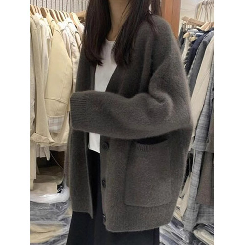 松弛感針織開衫加厚毛衣女秋冬慵懶風寬松灰色水貂絨軟糯外套上衣