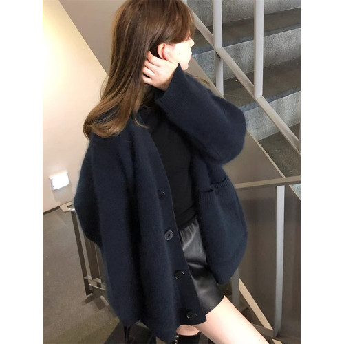 松弛感針織開衫加厚毛衣女秋冬慵懶風寬松灰色水貂絨軟糯外套上衣