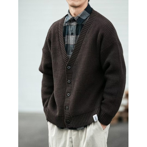 日系秋冬季純色復古V領開衫男休閒大碼外套針織衫ins潮流外搭毛衣