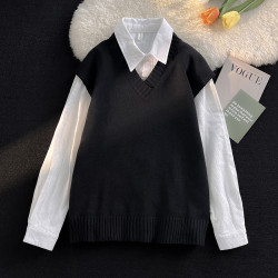 日系V領毛織背心男秋冬季百搭針織坎肩馬甲寬松潮牌情侶無袖毛衣