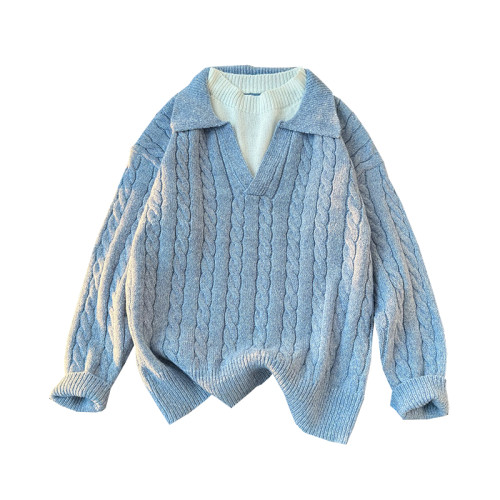 假兩件麻花長袖毛衣男款冬季韓系穿搭翻領套頭polo衫保暖針織線衣