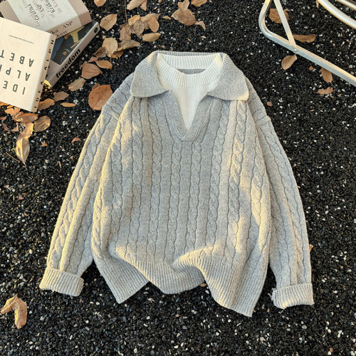 假兩件麻花長袖毛衣男款冬季韓系穿搭翻領套頭polo衫保暖針織線衣