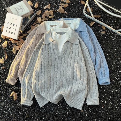 假兩件麻花長袖毛衣男款冬季韓系穿搭翻領套頭polo衫保暖針織線衣