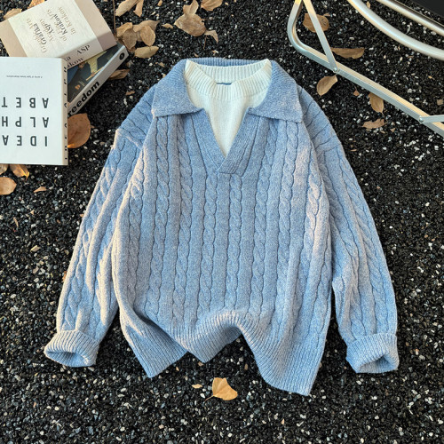 假兩件麻花長袖毛衣男款冬季韓系穿搭翻領套頭polo衫保暖針織線衣