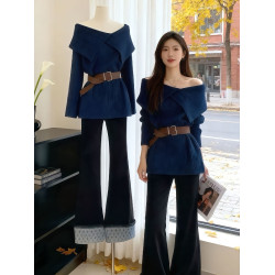 一字肩翻領露肩套頭毛衣女秋冬小個子寬松慵懶風收腰氣質針織上衣