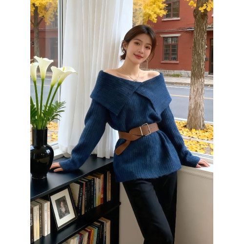 一字肩翻領露肩套頭毛衣女秋冬小個子寬松慵懶風收腰氣質針織上衣