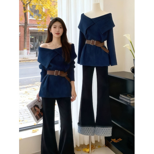 一字肩翻領露肩套頭毛衣女秋冬小個子寬松慵懶風收腰氣質針織上衣