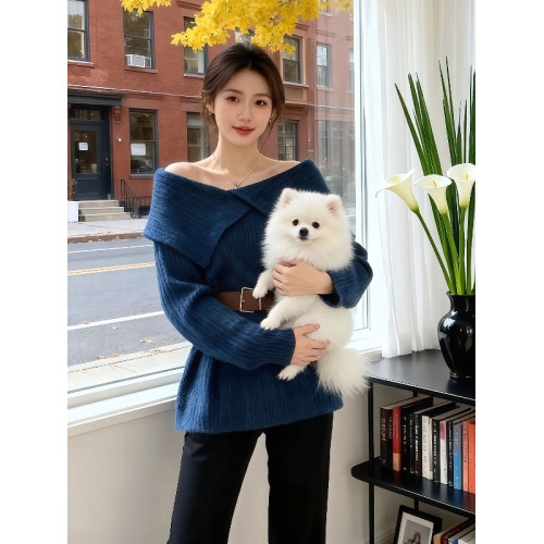 一字肩翻領露肩套頭毛衣女秋冬小個子寬松慵懶風收腰氣質針織上衣