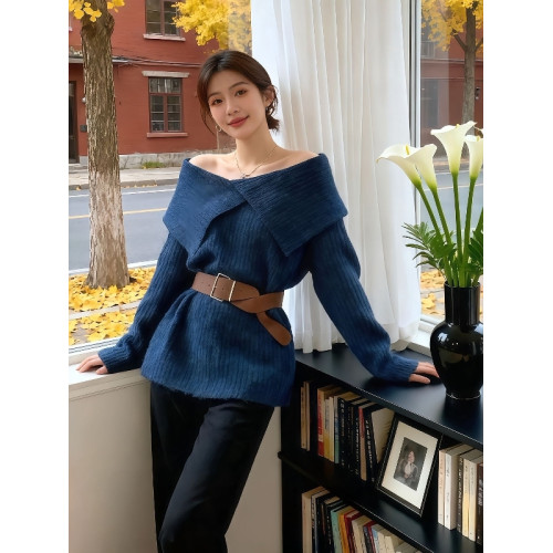 一字肩翻領露肩套頭毛衣女秋冬小個子寬松慵懶風收腰氣質針織上衣