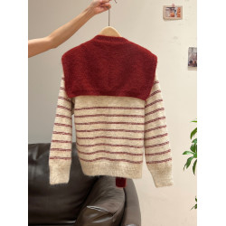 秋冬穿搭條紋披肩加厚毛衣外套女2025年寬松慵懶風開衫兩件套上衣