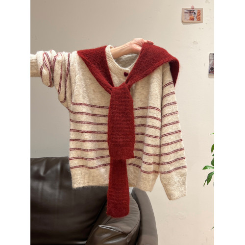 秋冬穿搭條紋披肩加厚毛衣外套女2025年寬松慵懶風開衫兩件套上衣