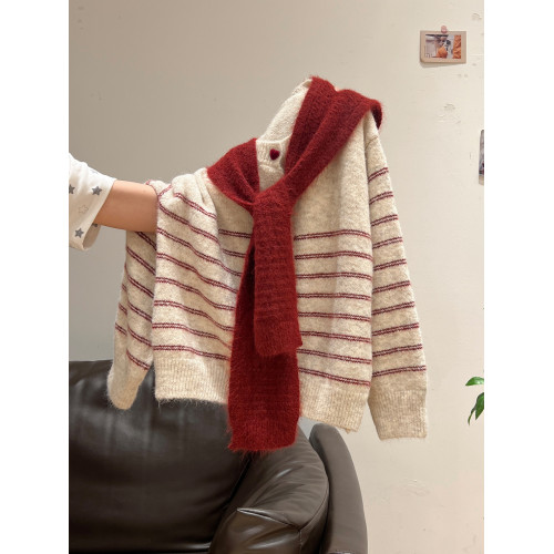 秋冬穿搭條紋披肩加厚毛衣外套女2025年寬松慵懶風開衫兩件套上衣