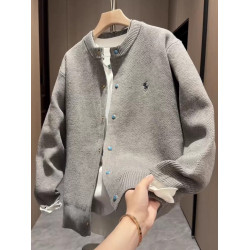 秋季新款極簡風純色圓領針織開衫外套男休閒百搭痞帥復古夾克上衣