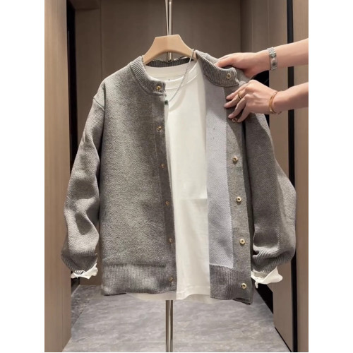 秋季新款極簡風純色圓領針織開衫外套男休閒百搭痞帥復古夾克上衣