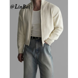 杏色短款立領拉鍊開衫毛衣男2025潮流百搭寬松休閒長袖針織衫外套