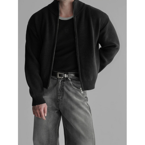 杏色短款立領拉鍊開衫毛衣男2025潮流百搭寬松休閒長袖針織衫外套