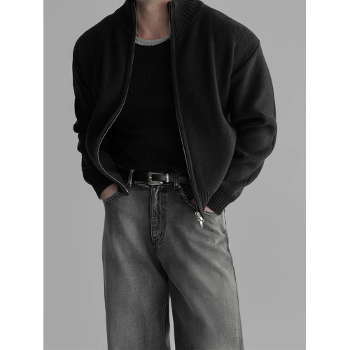 杏色短款立領拉鍊開衫毛衣男2025潮流百搭寬松休閒長袖針織衫外套