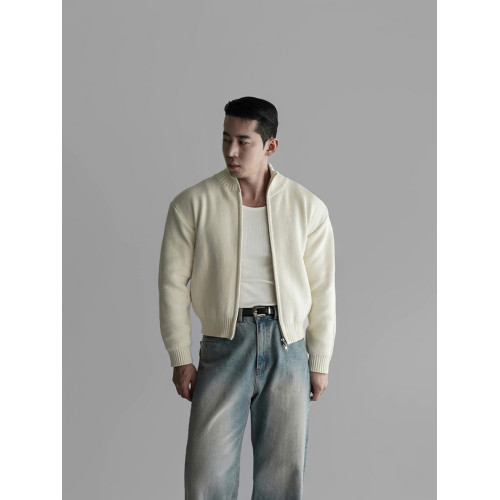 杏色短款立領拉鍊開衫毛衣男2025潮流百搭寬松休閒長袖針織衫外套