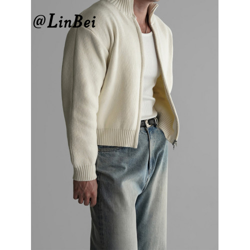 杏色短款立領拉鍊開衫毛衣男2025潮流百搭寬松休閒長袖針織衫外套