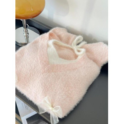 粉色假兩件掛脖水貂絨毛衣女秋冬大碼胖mm顯瘦韓系軟糯針織衫上衣