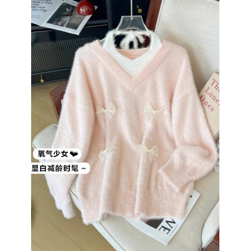 粉色假兩件掛脖水貂絨毛衣女秋冬大碼胖mm顯瘦韓系軟糯針織衫上衣