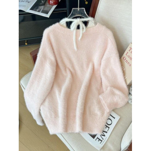 粉色假兩件掛脖水貂絨毛衣女秋冬大碼胖mm顯瘦韓系軟糯針織衫上衣