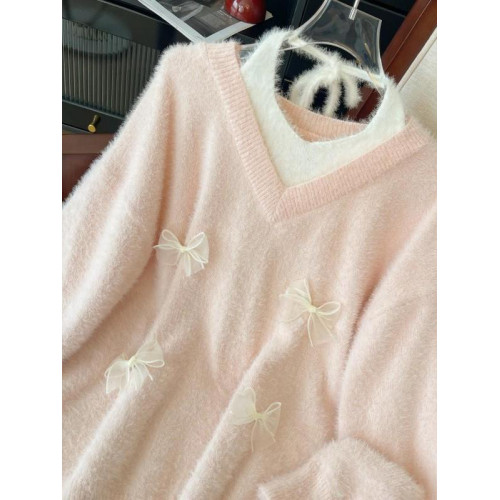 粉色假兩件掛脖水貂絨毛衣女秋冬大碼胖mm顯瘦韓系軟糯針織衫上衣