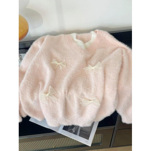 粉色假兩件掛脖水貂絨毛衣女秋冬大碼胖mm顯瘦韓系軟糯針織衫上衣