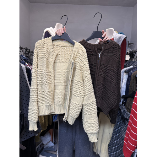 十三行新款韓版2025秋季厚款鏤空針織休閒慵懶風雙向拉鍊毛衣外套