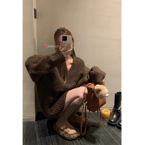 日系復古港味V領毛衣女純欲風穿搭秋冬新款加厚寬松慵懶風針織衫