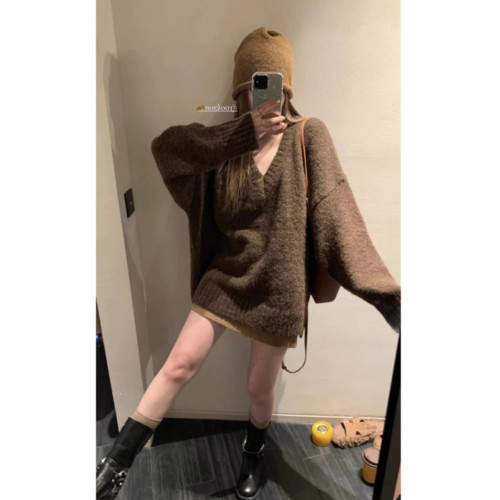 日系復古港味V領毛衣女純欲風穿搭秋冬新款加厚寬松慵懶風針織衫