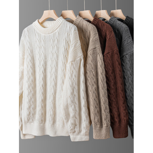 秋冬氛圍感！波浪紋麻花圓領毛衣男女秋冬季日系慵懶風針織衫上衣