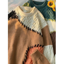 日系復古不規則撞色慵懶風毛衣男秋冬潮牌寬松圓領手工編製針織衫