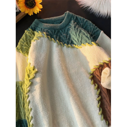 日系復古不規則撞色慵懶風毛衣男秋冬潮牌寬松圓領手工編製針織衫 日系復古不規則撞色慵懶風毛衣男秋冬潮牌寬松圓領手工編製針織衫