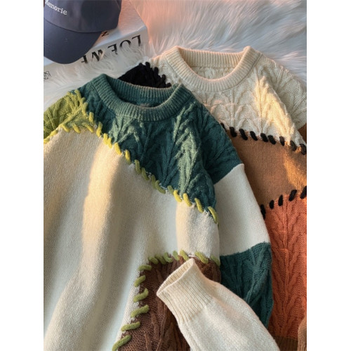 日系復古不規則撞色慵懶風毛衣男秋冬潮牌寬松圓領手工編製針織衫 日系復古不規則撞色慵懶風毛衣男秋冬潮牌寬松圓領手工編製針織衫