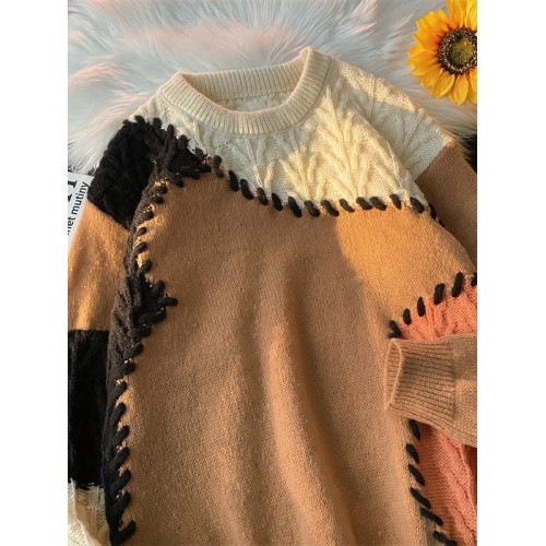 日系復古不規則撞色慵懶風毛衣男秋冬潮牌寬松圓領手工編製針織衫 日系復古不規則撞色慵懶風毛衣男秋冬潮牌寬松圓領手工編製針織衫