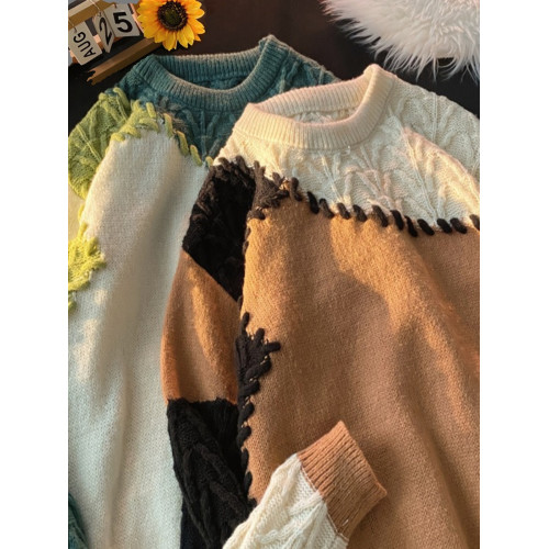 日系復古不規則撞色慵懶風毛衣男秋冬潮牌寬松圓領手工編製針織衫 日系復古不規則撞色慵懶風毛衣男秋冬潮牌寬松圓領手工編製針織衫