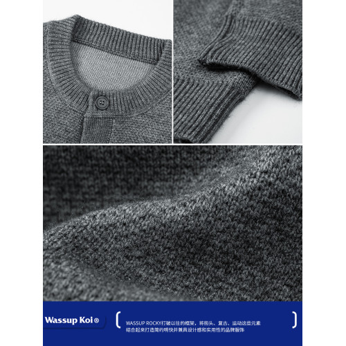 WASSUP KOI美式復古老錢風男士灰色開衫毛衣休閒百搭針織衫外套