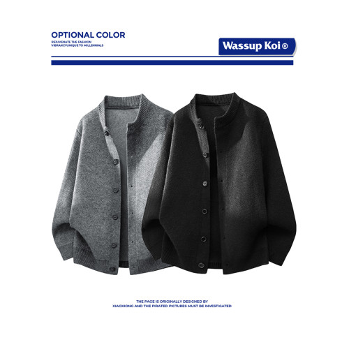 WASSUP KOI美式復古老錢風男士灰色開衫毛衣休閒百搭針織衫外套