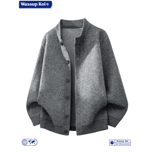 WASSUP KOI美式復古老錢風男士灰色開衫毛衣休閒百搭針織衫外套